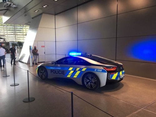 BMW i8 vehicle used by the Czech Police displayed at BMW Welt exhibition in Munich.